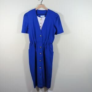 Vintage Periwinkle Royal Blue Dress Size 14 Gold Knot Buttons Made in USA 80s